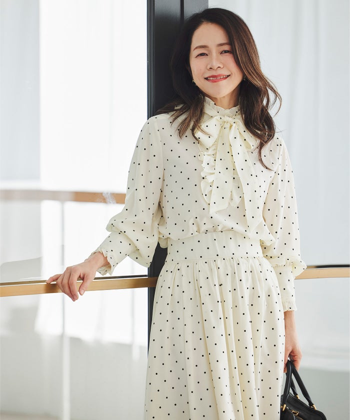 スカート ギャザー フレア セットアップ 通勤 働く女性 アフタヌーンティー フェミニン 大人かわいい 上品 ドット柄 ギャザー フレア スカート ＆BLOOM（アンドブルーム）