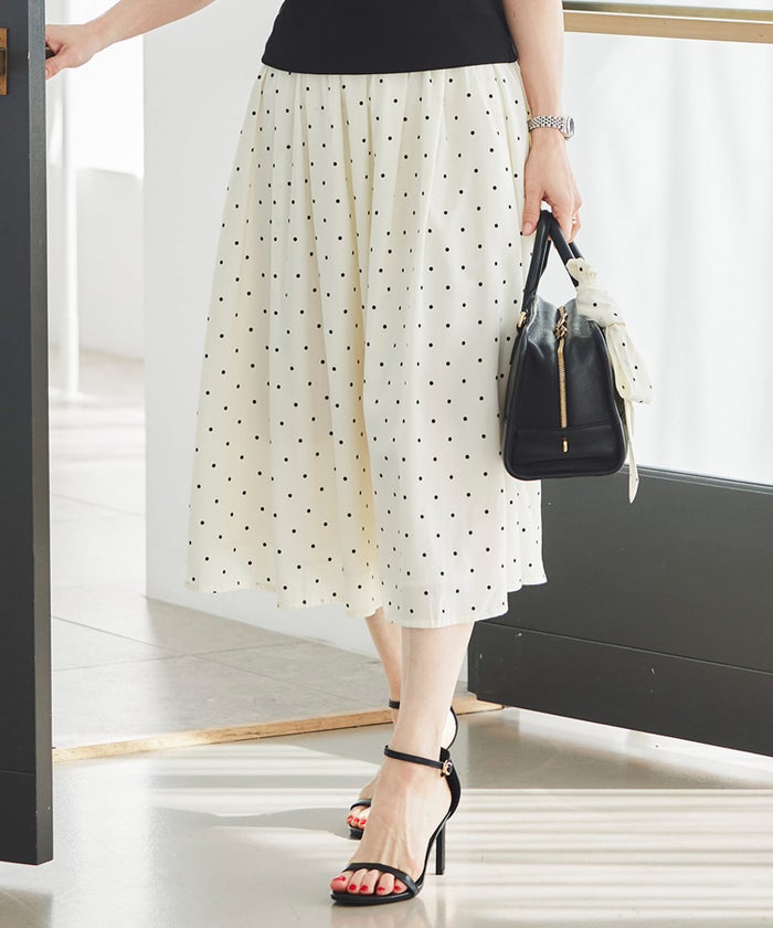 スカート ギャザー フレア セットアップ 通勤 働く女性 アフタヌーンティー フェミニン 大人かわいい 上品 ドット柄 ギャザー フレア スカート ＆BLOOM（アンドブルーム）