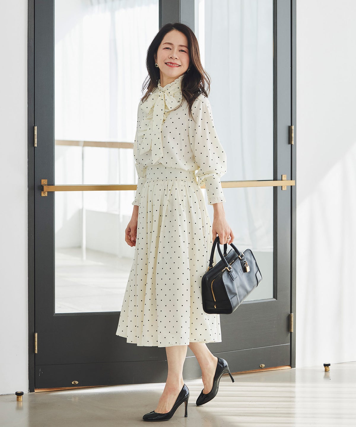 スカート ギャザー フレア セットアップ 通勤 働く女性 アフタヌーンティー フェミニン 大人かわいい 上品 ドット柄 ギャザー フレア スカート ＆BLOOM（アンドブルーム）