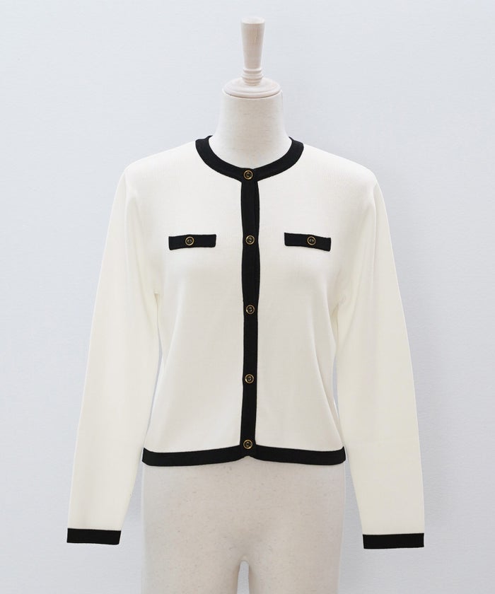 バイカラー ニットカーディガン 春 夏 薄手 クルーネック 長袖 飾りポケット 通勤 冷房対策 日焼け対策 レディース M L 黒 白 ピンク