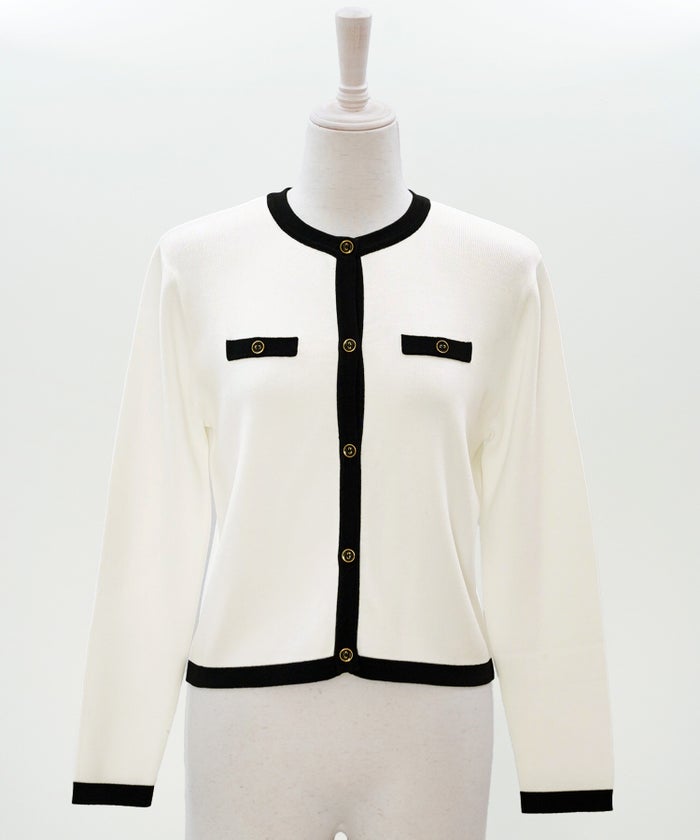 バイカラー ニットカーディガン 春 夏 薄手 クルーネック 長袖 飾りポケット 通勤 冷房対策 日焼け対策 レディース M L 黒 白 ピンク