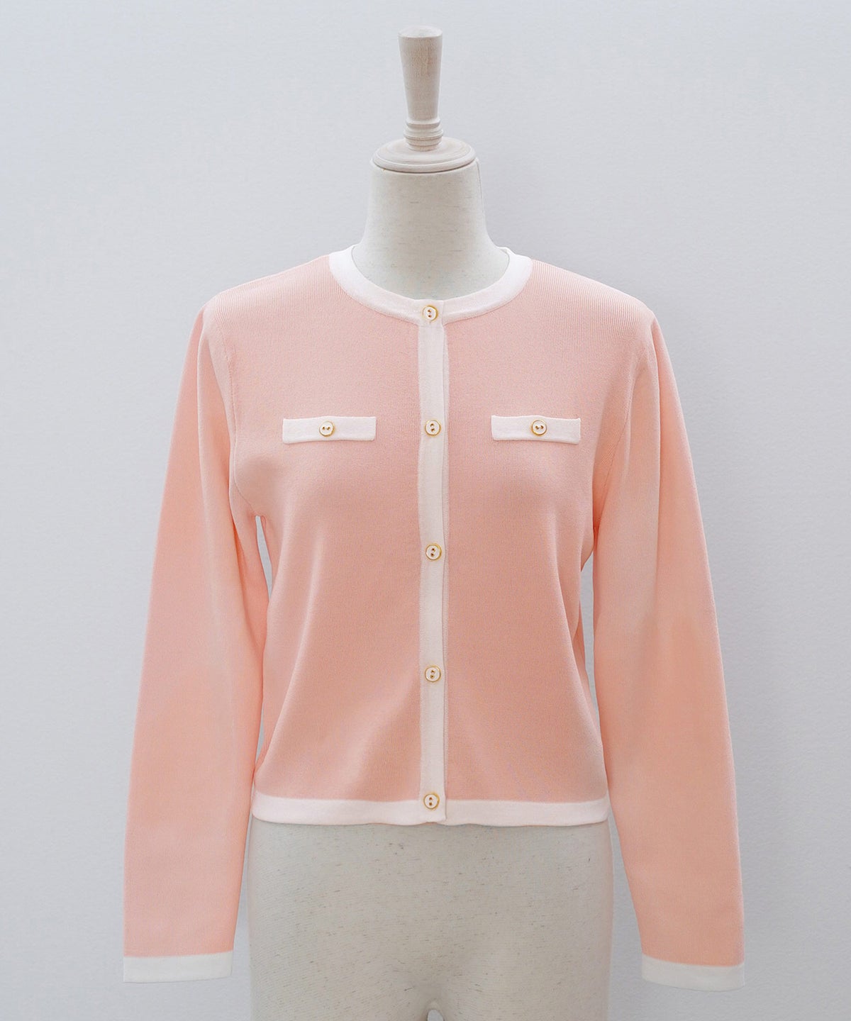 バイカラー ニットカーディガン 春 夏 薄手 クルーネック 長袖 飾りポケット 通勤 冷房対策 日焼け対策 レディース M L 黒 白 ピンク