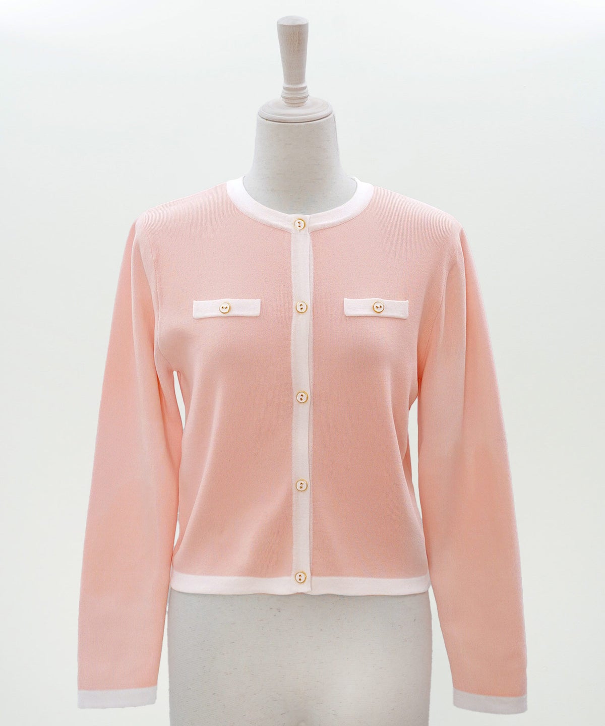 バイカラー ニットカーディガン 春 夏 薄手 クルーネック 長袖 飾りポケット 通勤 冷房対策 日焼け対策 レディース M L 黒 白 ピンク