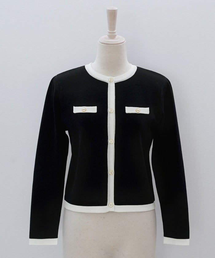 バイカラー ニットカーディガン 春 夏 薄手 クルーネック 長袖 飾りポケット 通勤 冷房対策 日焼け対策 レディース M L 黒 白 ピンク