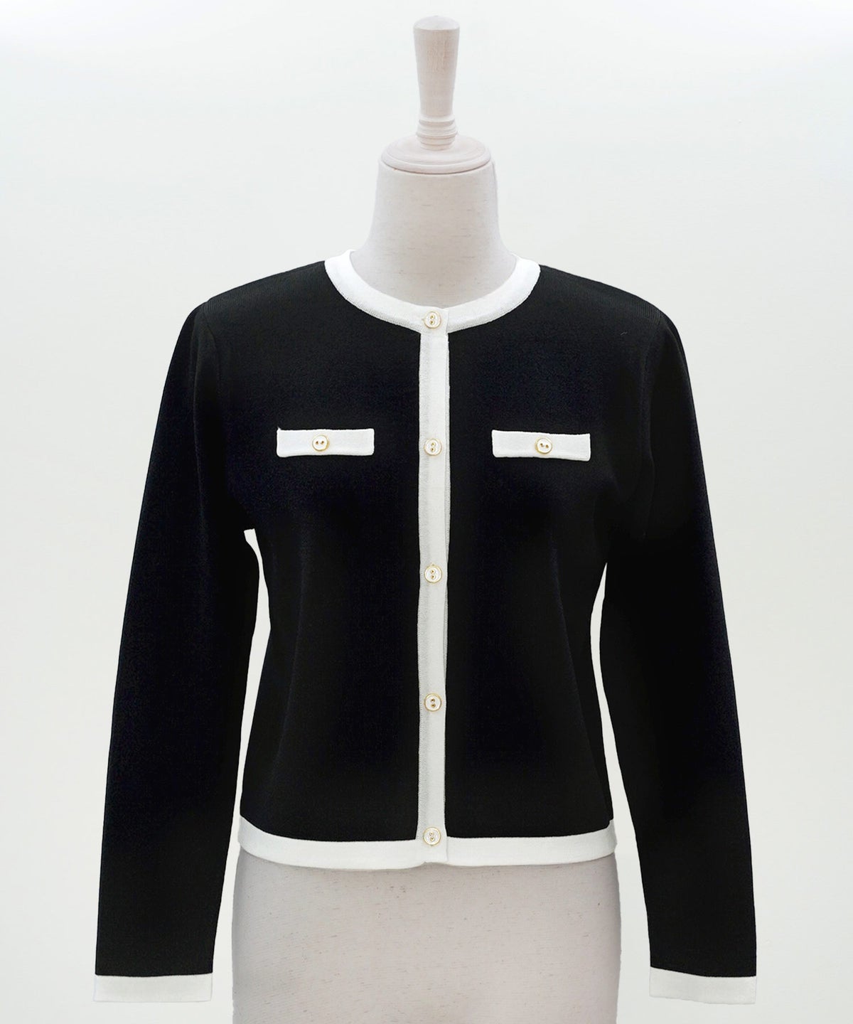 バイカラー ニットカーディガン 春 夏 薄手 クルーネック 長袖 飾りポケット 通勤 冷房対策 日焼け対策 レディース M L 黒 白 ピンク