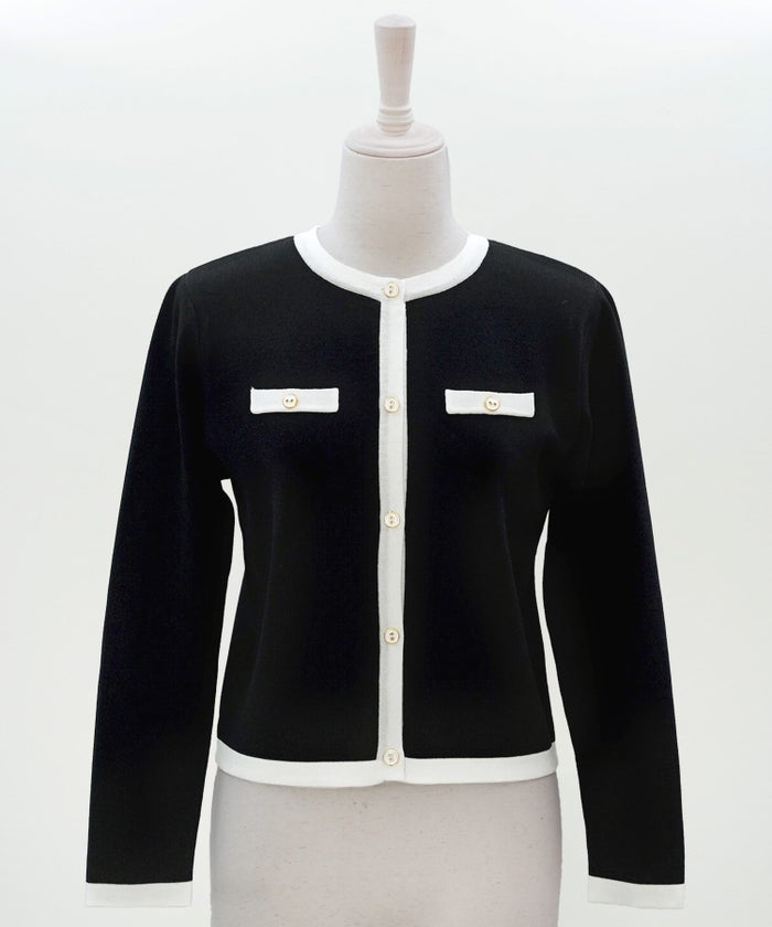 バイカラー ニットカーディガン 春 夏 薄手 クルーネック 長袖 飾りポケット 通勤 冷房対策 日焼け対策 レディース M L 黒 白 ピンク