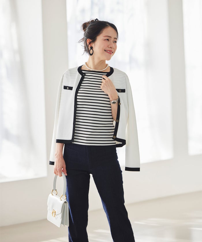 バイカラー ニットカーディガン 春 夏 薄手 クルーネック 長袖 飾りポケット 通勤 冷房対策 日焼け対策 レディース M L 黒 白 ピンク