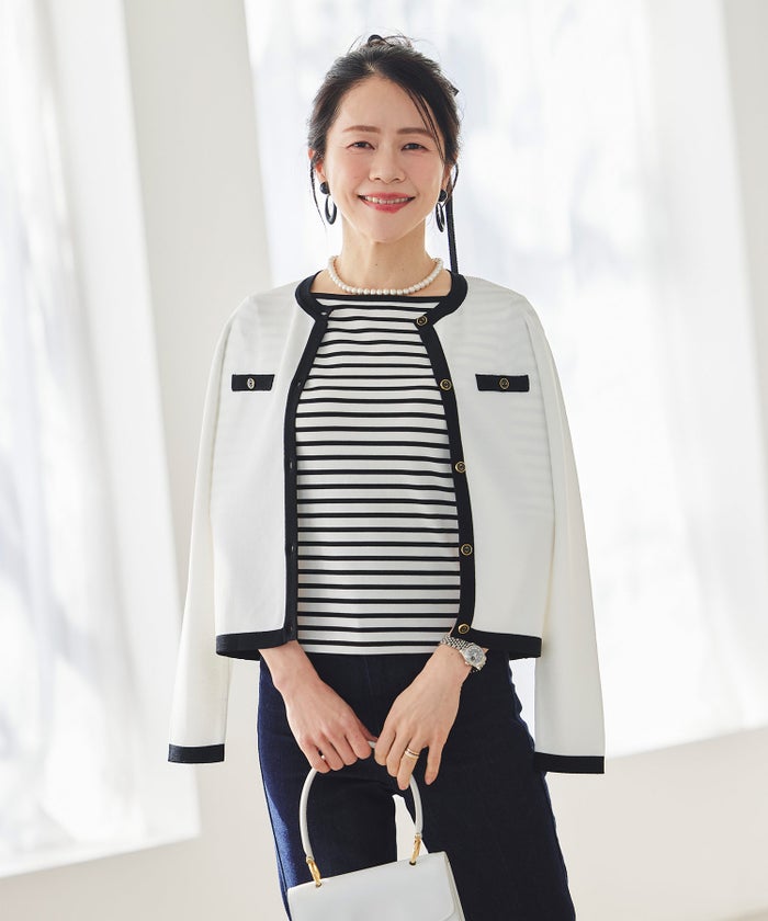 バイカラー ニットカーディガン 春 夏 薄手 クルーネック 長袖 飾りポケット 通勤 冷房対策 日焼け対策 レディース M L 黒 白 ピンク