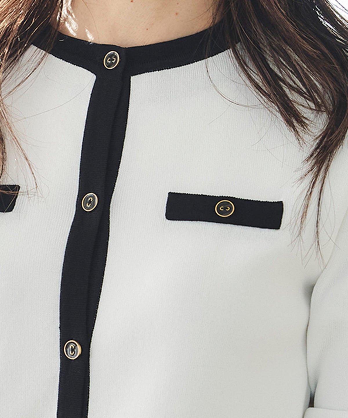 バイカラー ニットカーディガン 春 夏 薄手 クルーネック 長袖 飾りポケット 通勤 冷房対策 日焼け対策 レディース M L 黒 白 ピンク