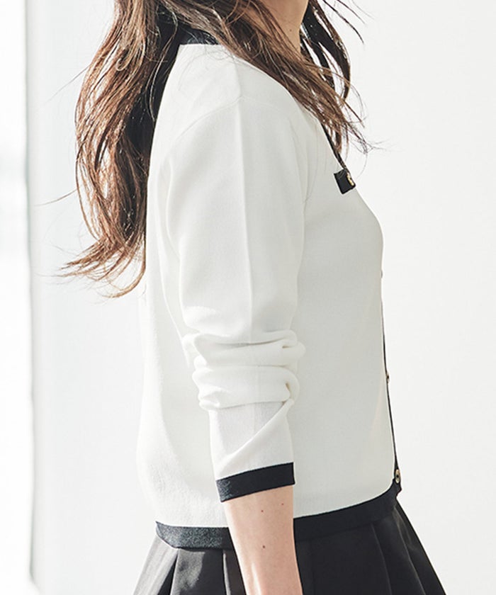 バイカラー ニットカーディガン 春 夏 薄手 クルーネック 長袖 飾りポケット 通勤 冷房対策 日焼け対策 レディース M L 黒 白 ピンク