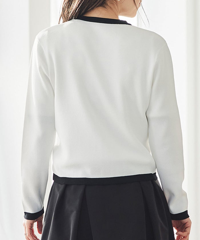 バイカラー ニットカーディガン 春 夏 薄手 クルーネック 長袖 飾りポケット 通勤 冷房対策 日焼け対策 レディース M L 黒 白 ピンク