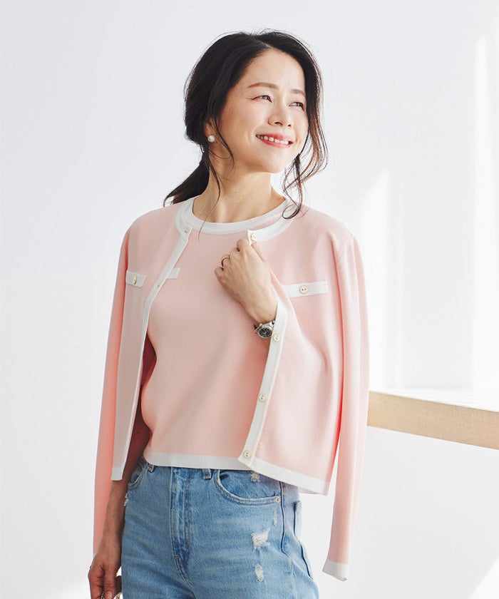 バイカラー ニットカーディガン 春 夏 薄手 クルーネック 長袖 飾りポケット 通勤 冷房対策 日焼け対策 レディース M L 黒 白 ピンク