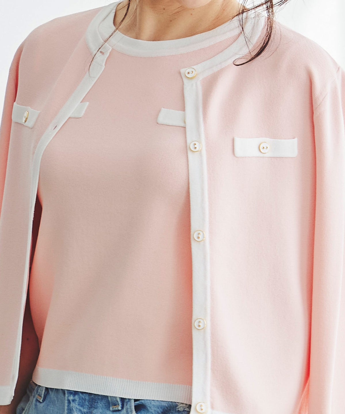 バイカラー ニットカーディガン 春 夏 薄手 クルーネック 長袖 飾りポケット 通勤 冷房対策 日焼け対策 レディース M L 黒 白 ピンク