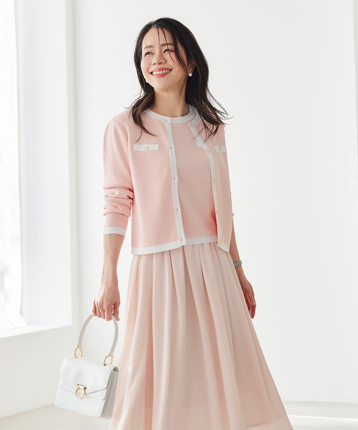 バイカラー ニットカーディガン 春 夏 薄手 クルーネック 長袖 飾りポケット 通勤 冷房対策 日焼け対策 レディース M L 黒 白 ピンク