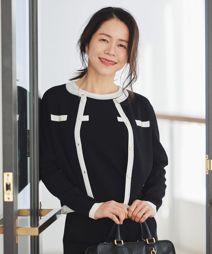 バイカラー ニットカーディガン 春 夏 薄手 クルーネック 長袖 飾りポケット 通勤 冷房対策 日焼け対策 レディース M L 黒 白 ピンク