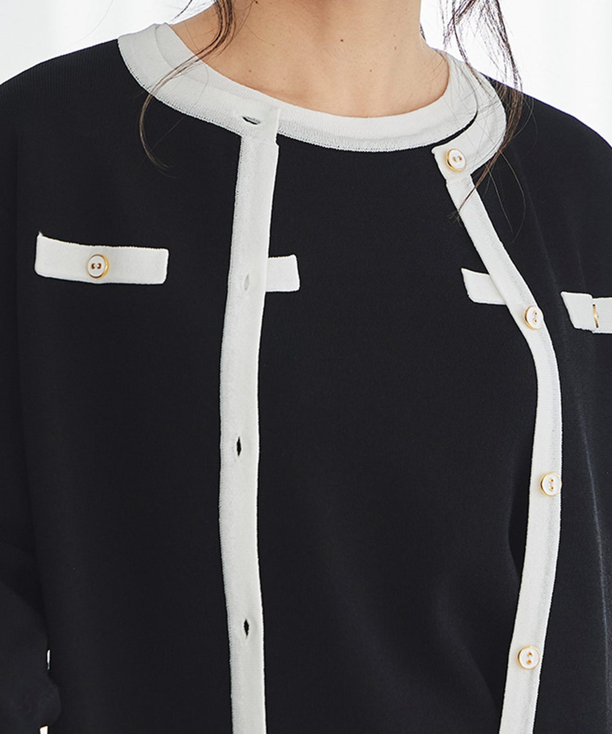 バイカラー ニットカーディガン 春 夏 薄手 クルーネック 長袖 飾りポケット 通勤 冷房対策 日焼け対策 レディース M L 黒 白 ピンク
