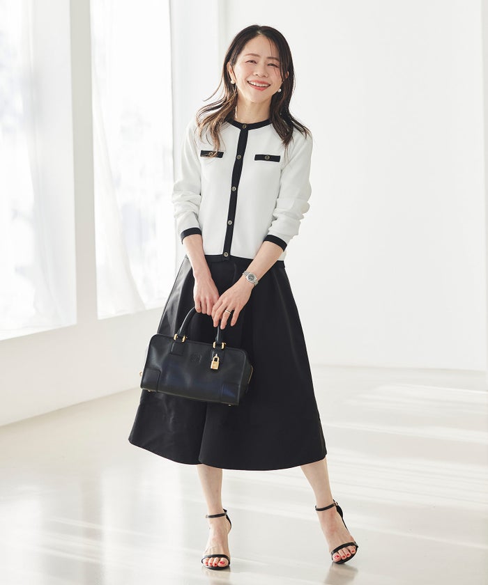 バイカラー ニットカーディガン 春 夏 薄手 クルーネック 長袖 飾りポケット 通勤 冷房対策 日焼け対策 レディース M L 黒 白 ピンク