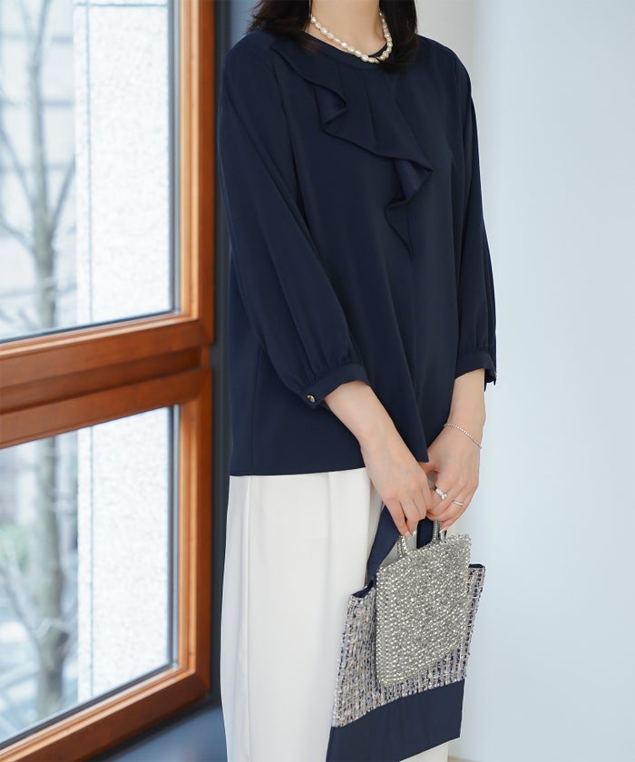 アシンメトリー ラッフル ブラウス レディース ファッション ウォッシャブル ホワイト サックス ネイビー M