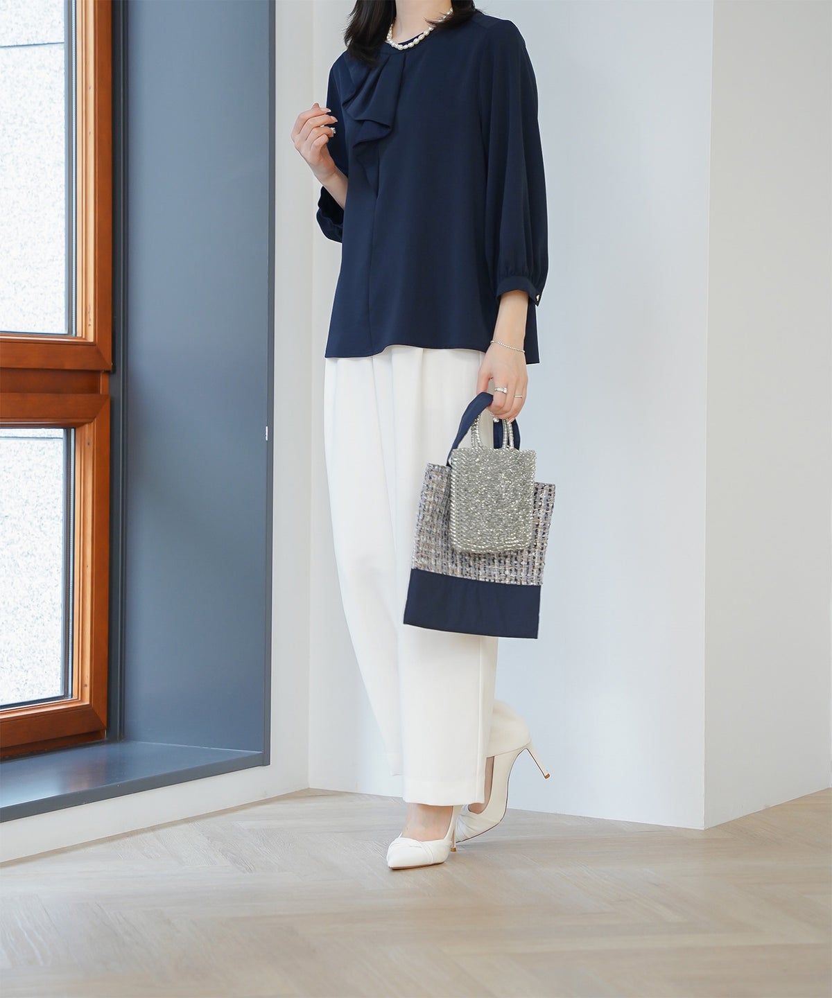 アシンメトリー ラッフル ブラウス レディース ファッション ウォッシャブル ホワイト サックス ネイビー M