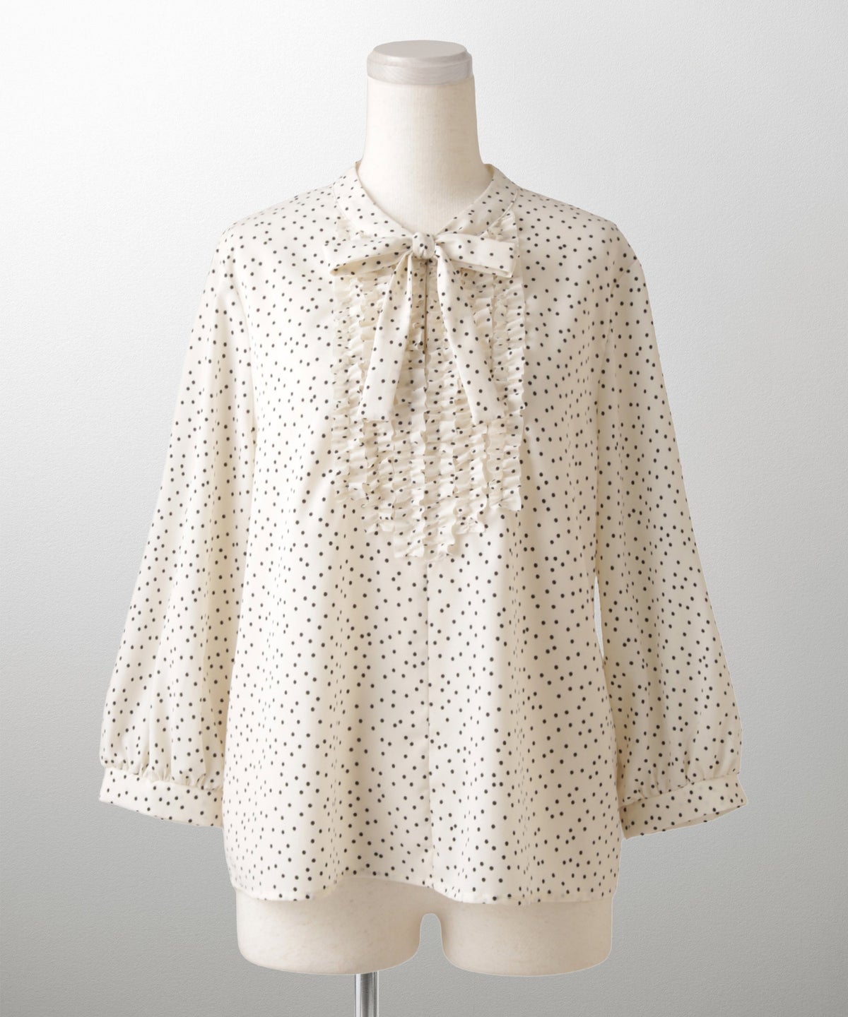 フロント フリル ボウタイ ブラウス レディース ファッション ホワイトドット アイボリー サックス ネイビー ブラックドット M
