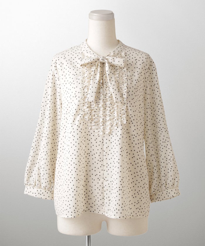 フロント フリル ボウタイ ブラウス レディース ファッション ホワイトドット アイボリー サックス ネイビー ブラックドット M