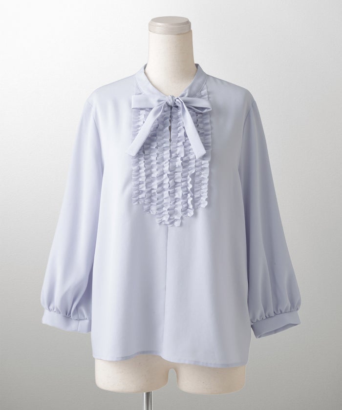 フロント フリル ボウタイ ブラウス レディース ファッション ホワイトドット アイボリー サックス ネイビー ブラックドット M