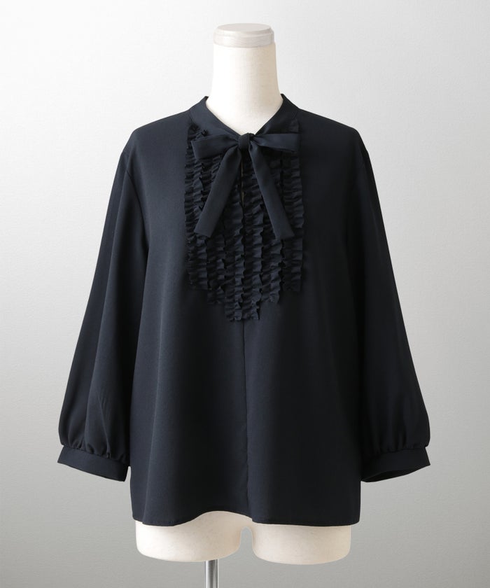 フロント フリル ボウタイ ブラウス レディース ファッション ホワイトドット アイボリー サックス ネイビー ブラックドット M