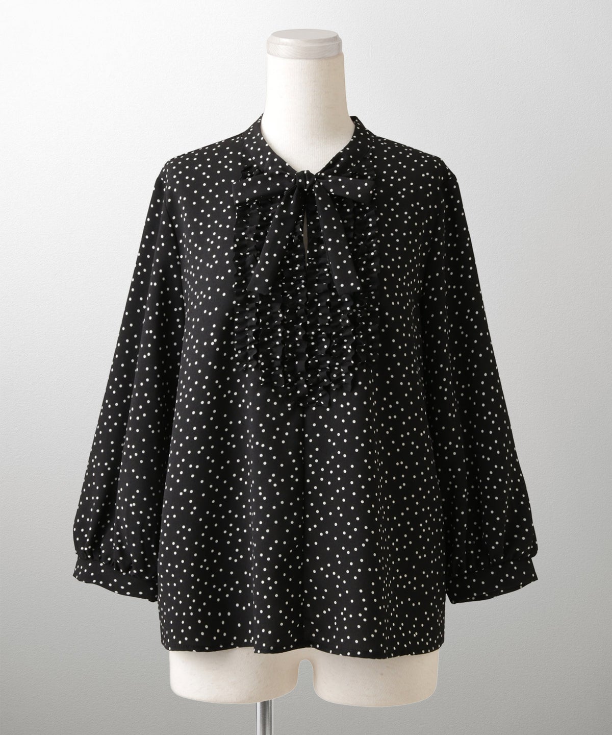 フロント フリル ボウタイ ブラウス レディース ファッション ホワイトドット アイボリー サックス ネイビー ブラックドット M