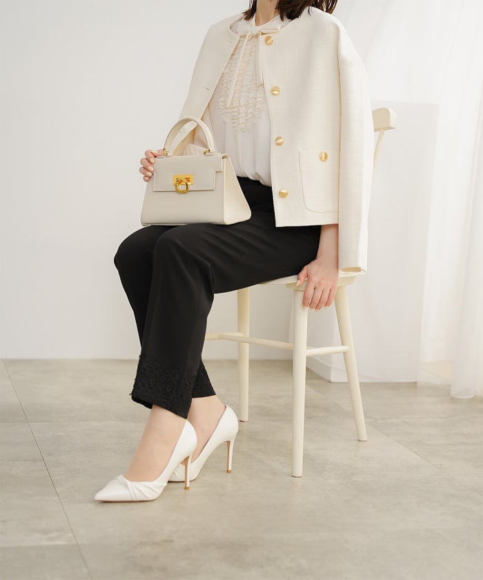 フロント フリル ボウタイ ブラウス レディース ファッション ホワイトドット アイボリー サックス ネイビー ブラックドット M