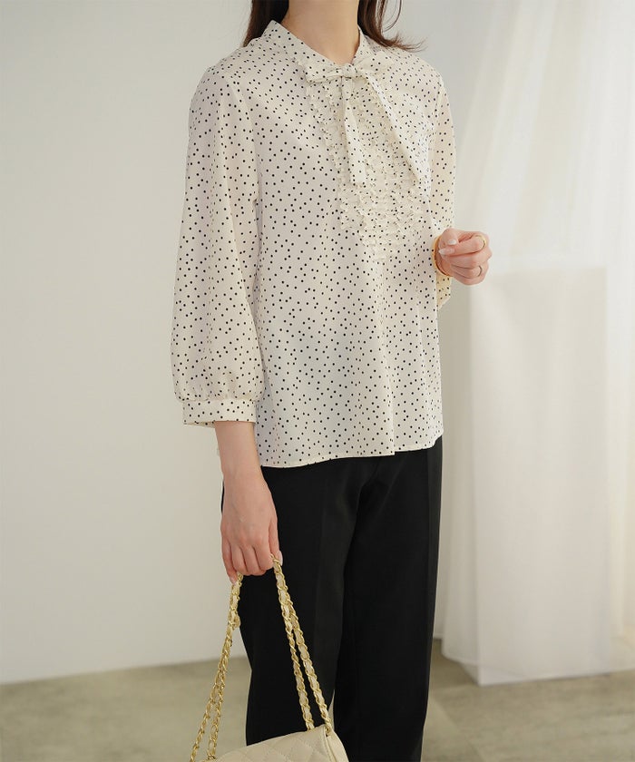 フロント フリル ボウタイ ブラウス レディース ファッション ホワイトドット アイボリー サックス ネイビー ブラックドット M