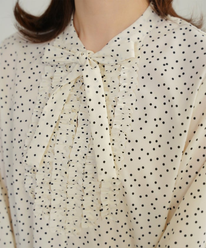 フロント フリル ボウタイ ブラウス レディース ファッション ホワイトドット アイボリー サックス ネイビー ブラックドット M
