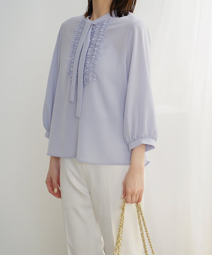 フロント フリル ボウタイ ブラウス レディース ファッション ホワイトドット アイボリー サックス ネイビー ブラックドット M