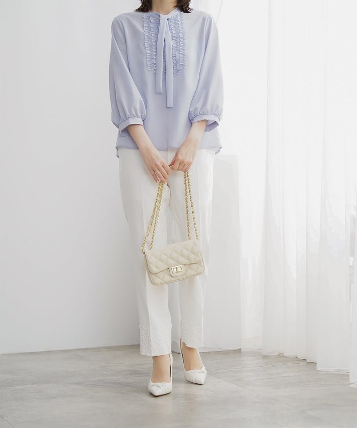 フロント フリル ボウタイ ブラウス レディース ファッション ホワイトドット アイボリー サックス ネイビー ブラックドット M