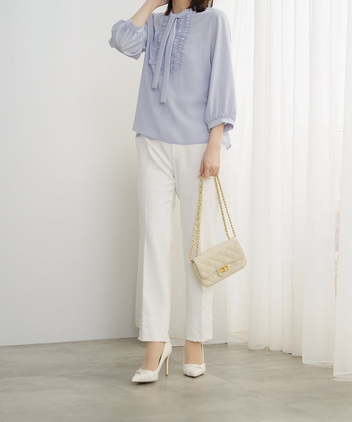 フロント フリル ボウタイ ブラウス レディース ファッション ホワイトドット アイボリー サックス ネイビー ブラックドット M