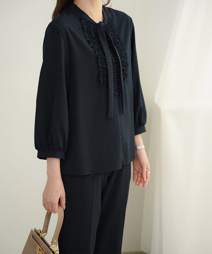 フロント フリル ボウタイ ブラウス レディース ファッション ホワイトドット アイボリー サックス ネイビー ブラックドット M