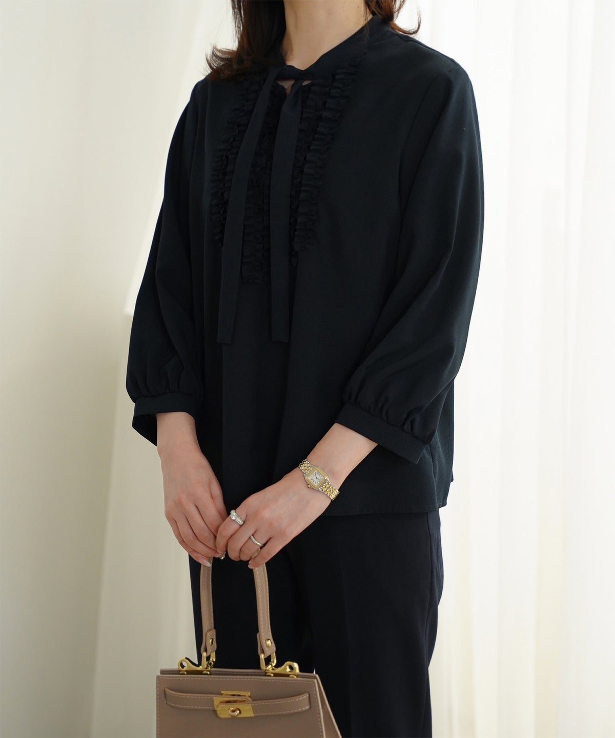 フロント フリル ボウタイ ブラウス レディース ファッション ホワイトドット アイボリー サックス ネイビー ブラックドット M