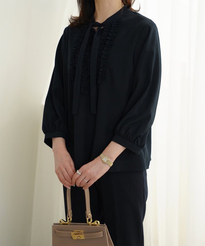 フロント フリル ボウタイ ブラウス レディース ファッション ホワイトドット アイボリー サックス ネイビー ブラックドット M