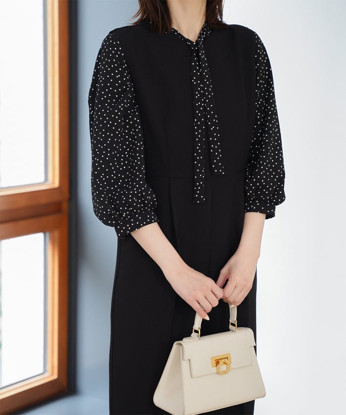 フロント フリル ボウタイ ブラウス レディース ファッション ホワイトドット アイボリー サックス ネイビー ブラックドット M