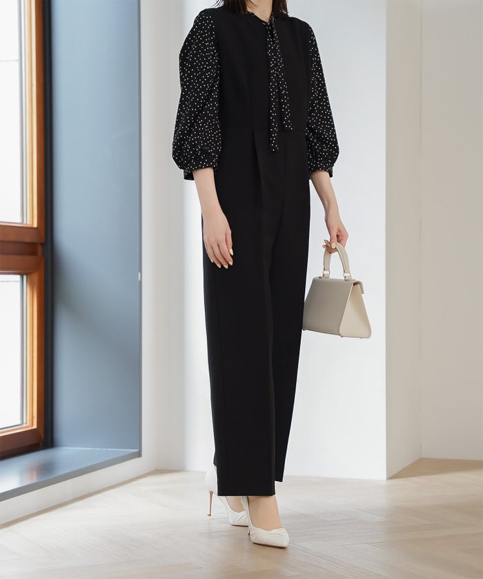 フロント フリル ボウタイ ブラウス レディース ファッション ホワイトドット アイボリー サックス ネイビー ブラックドット M