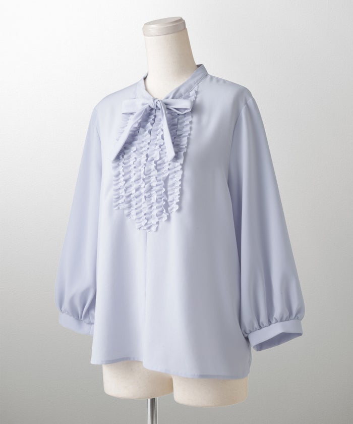 フロント フリル ボウタイ ブラウス レディース ファッション ホワイトドット アイボリー サックス ネイビー ブラックドット M