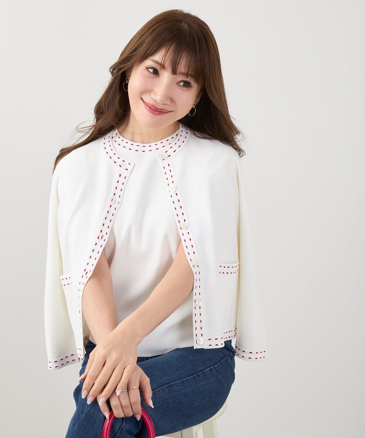 新色追加 洗濯機可 マシンウォッシャブル UVカット 接触冷感 長袖 可愛い 上品 きれいめ オフィス フェミニン 春 ジョイントスペース ステッチJQニットアンサンブル Liala×PG
