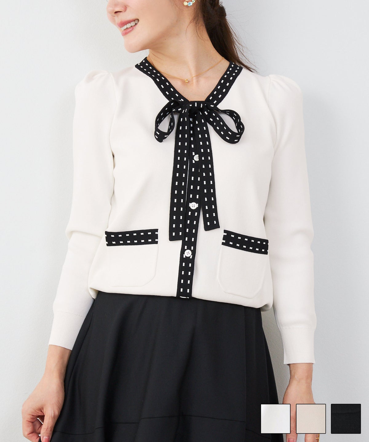 ステッチ ジャガード ボウタイ Vニット カーディガン Liala×PG