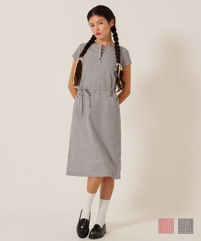 チェック/半袖/ギンガム/ヘンリーネック Aライン ワンピース TINA：JOJUN