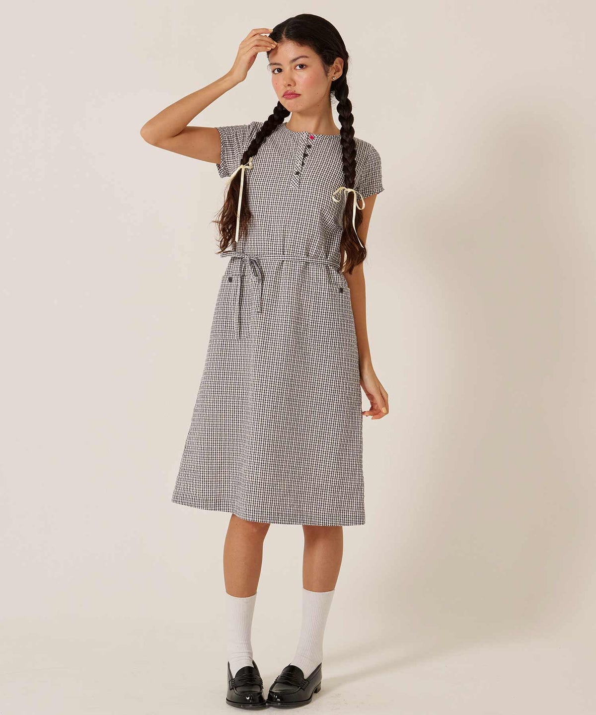 チェック/半袖/ギンガム/ヘンリーネック Aライン ワンピース TINA：JOJUN