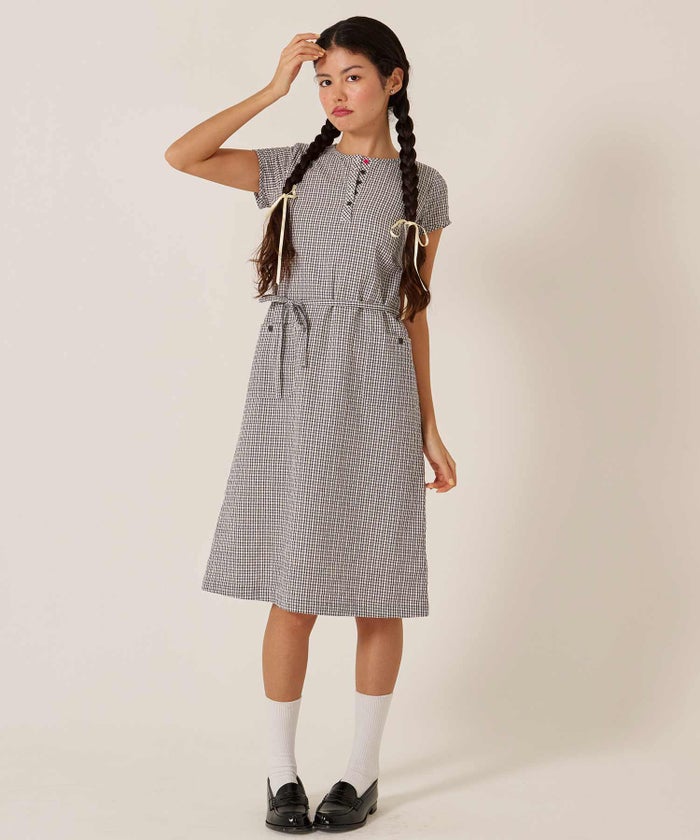チェック/半袖/ギンガム/ヘンリーネック Aライン ワンピース TINA：JOJUN