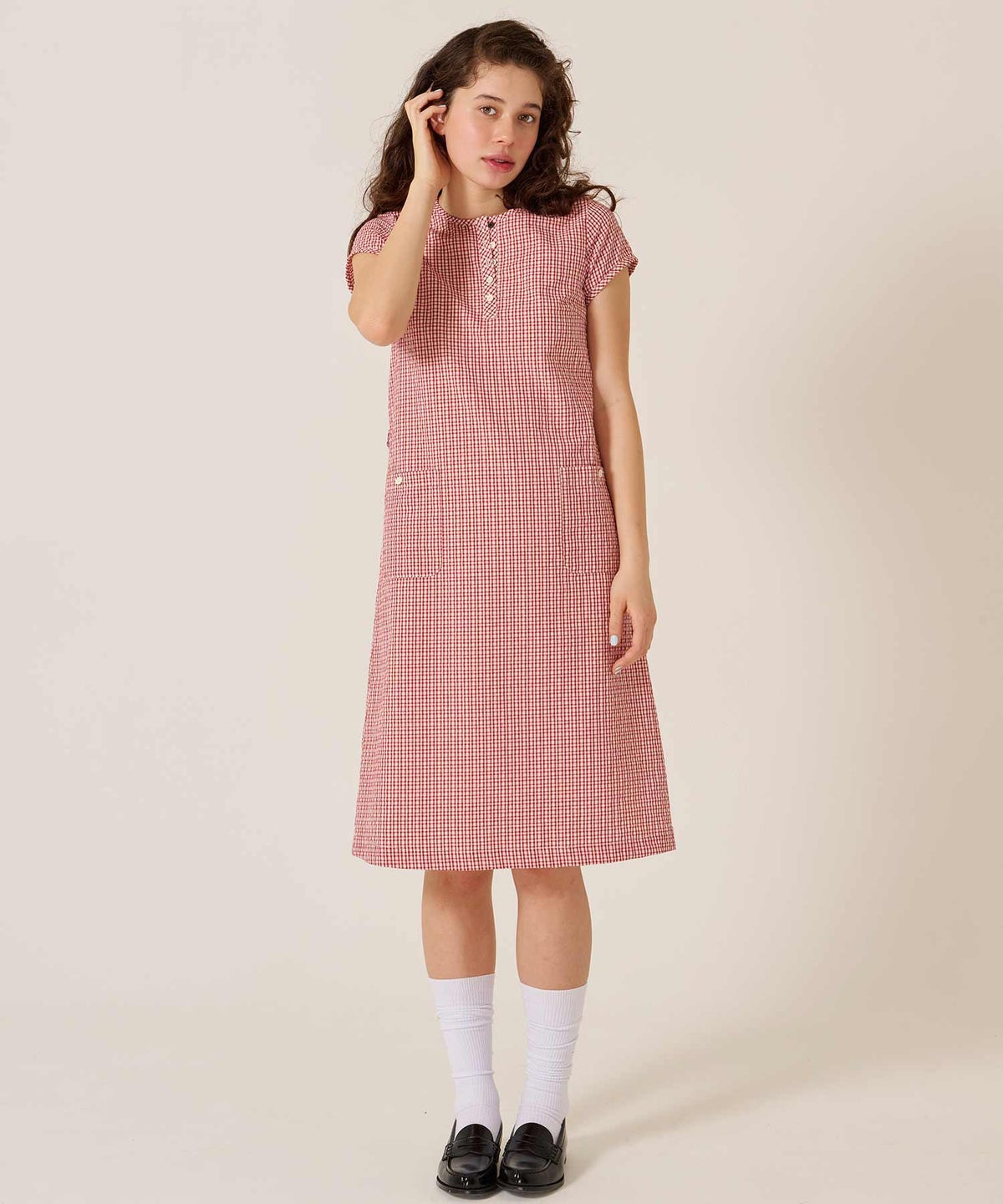 チェック/半袖/ギンガム/ヘンリーネック Aライン ワンピース TINA：JOJUN