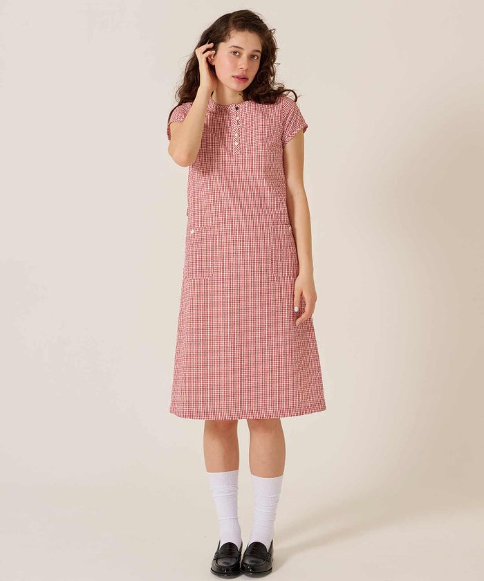 チェック/半袖/ギンガム/ヘンリーネック Aライン ワンピース TINA：JOJUN