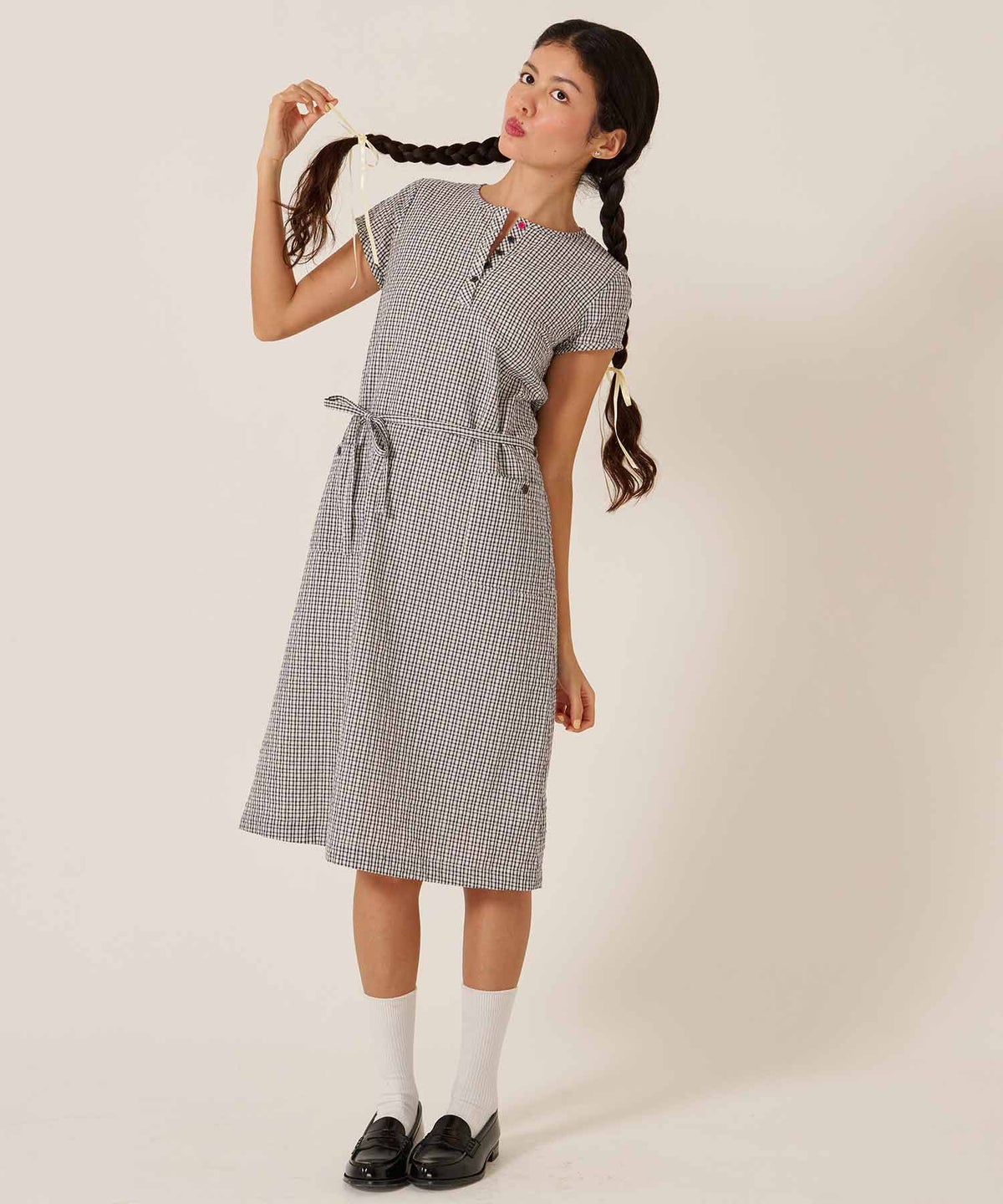 チェック/半袖/ギンガム/ヘンリーネック Aライン ワンピース TINA：JOJUN