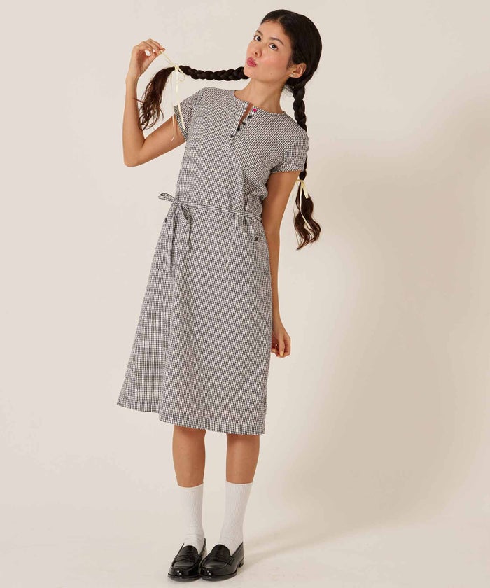 チェック/半袖/ギンガム/ヘンリーネック Aライン ワンピース TINA：JOJUN