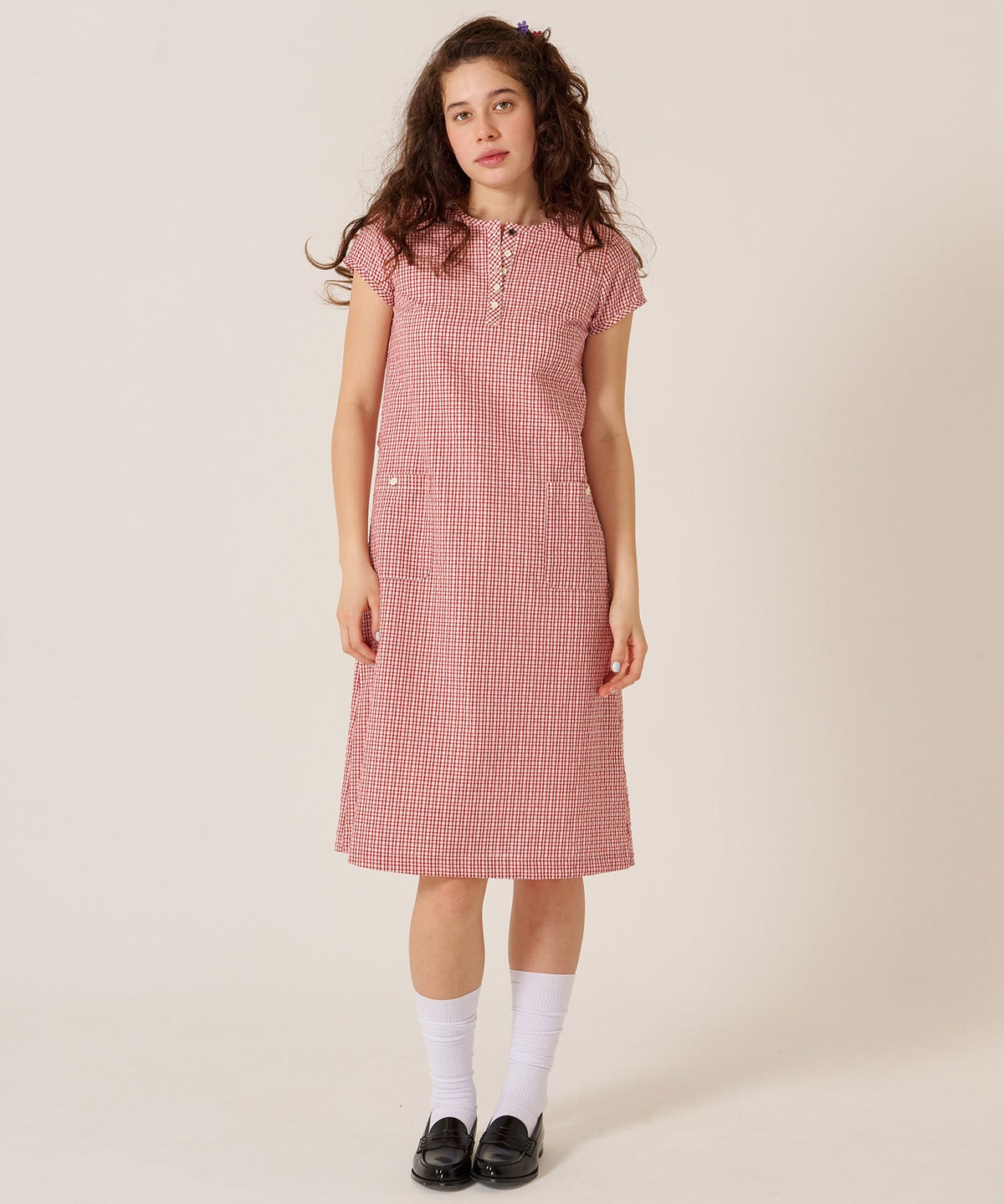 チェック/半袖/ギンガム/ヘンリーネック Aライン ワンピース TINA：JOJUN